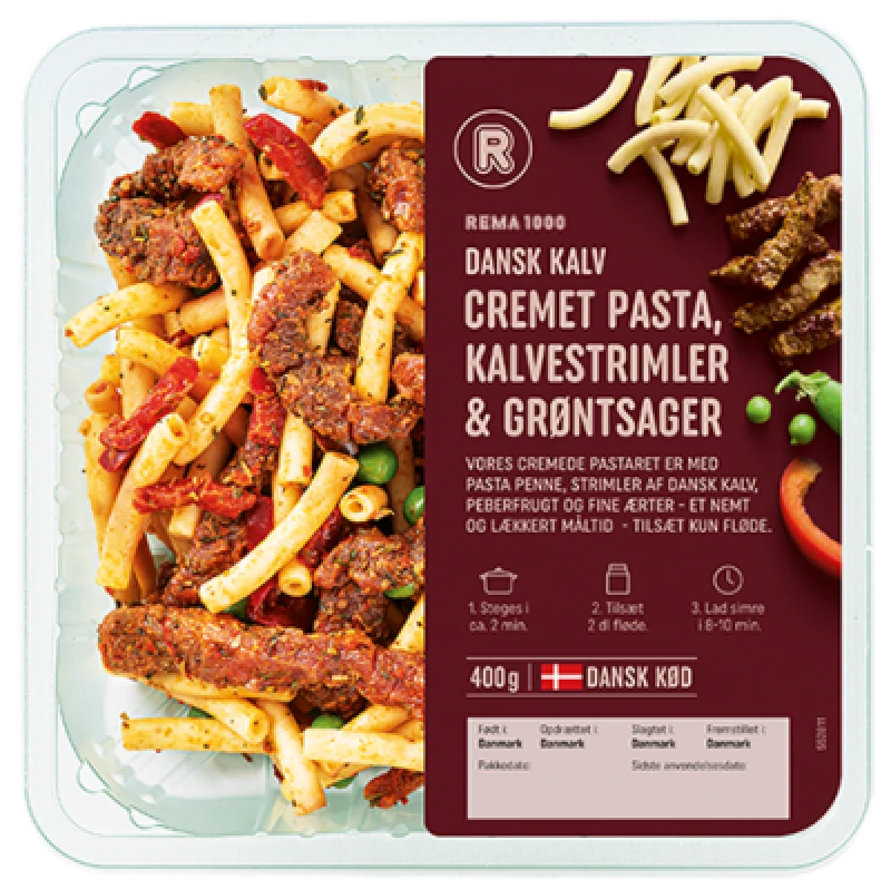 Pastaret M/Kalvestrimler & Grønt