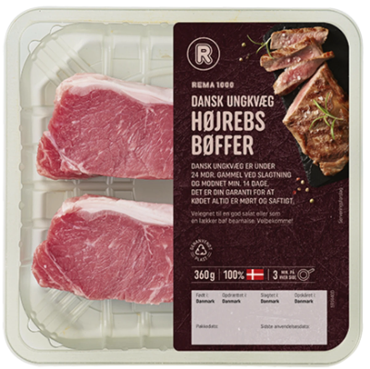 Dansk Ungkvæg Højrebsbøffer 360 g