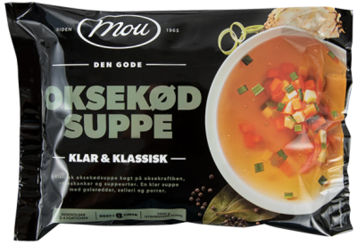 Mou, Klar oksekødssuppe m. gulerødder, selleri og porrer