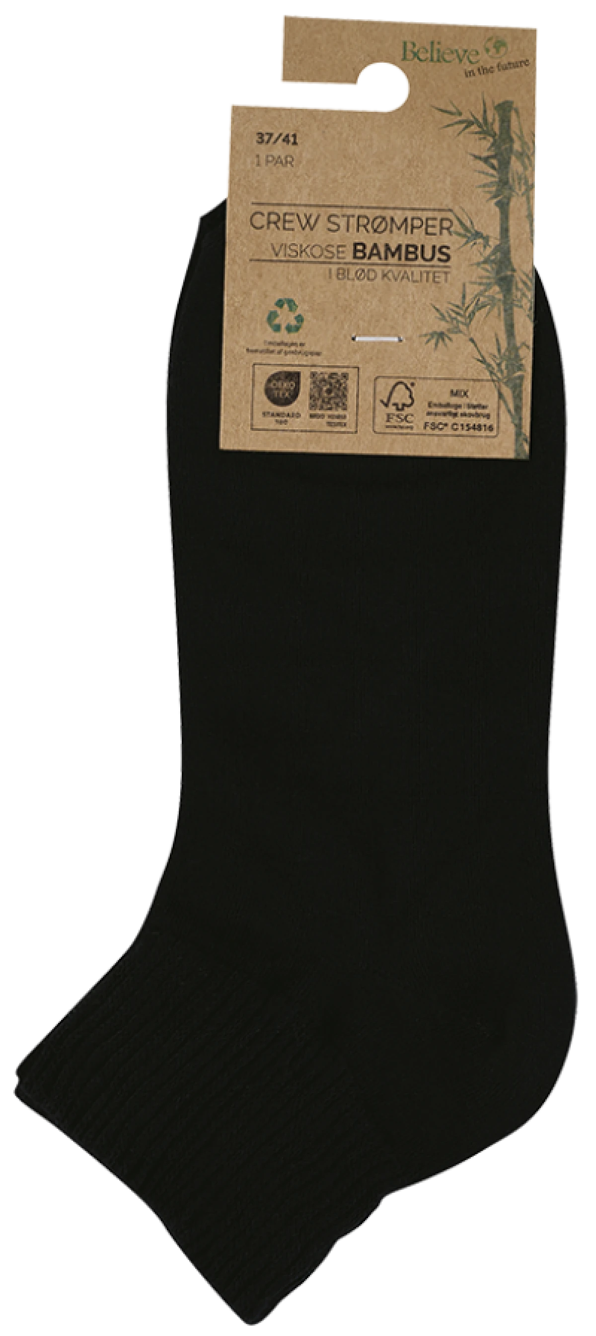 Crew Strømpe Bamboo Sort Str. 37-41 1 par